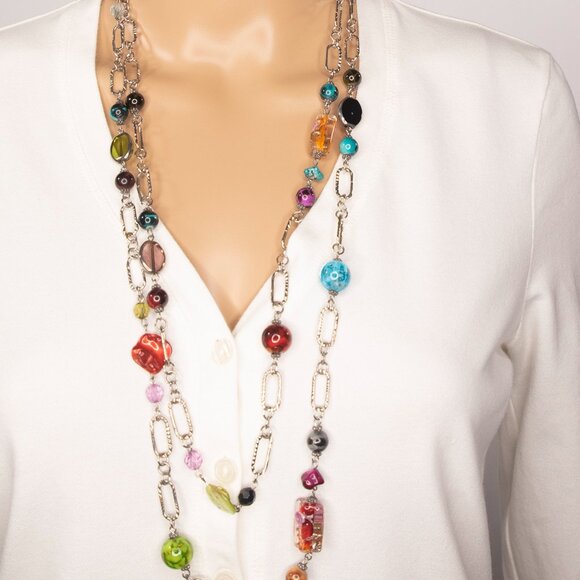 Long Necklace With Chains And Colorful Faux Stones - Picture 6 of 15